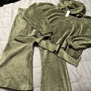 Aerie Ribbed Velour Flared Pants Nomad Olive